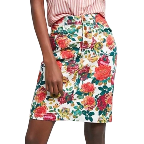 Maeve Dresses & Skirts - Maeve by Anthropologie Denim Skirt Rose Floral Pockets Button Fly Stretch Size 8